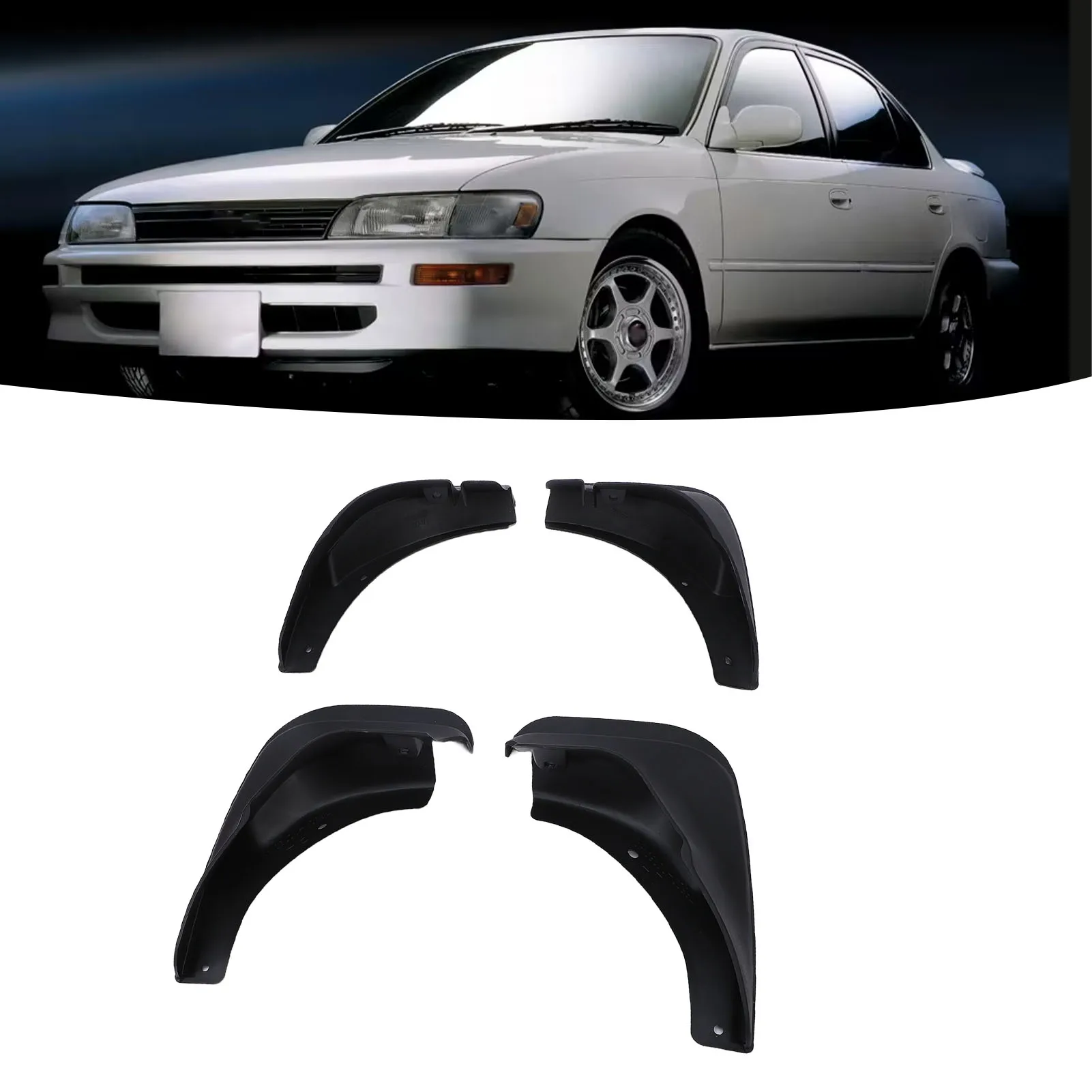 

4-piece replacement set for front and rear tire mudguards and wheel hubs for 1993-1997 four-door sedans.