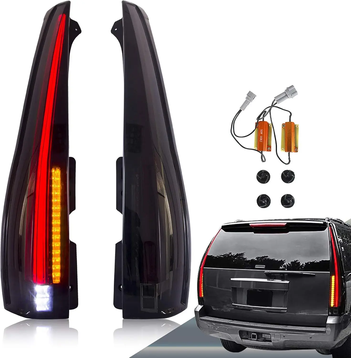 Led Tail Lights Compatible with Chevy Tahoe Suburban GMC Yukon 2007-2014, Full Led Rear Lamp Assembly w/Yellow Turn Signal