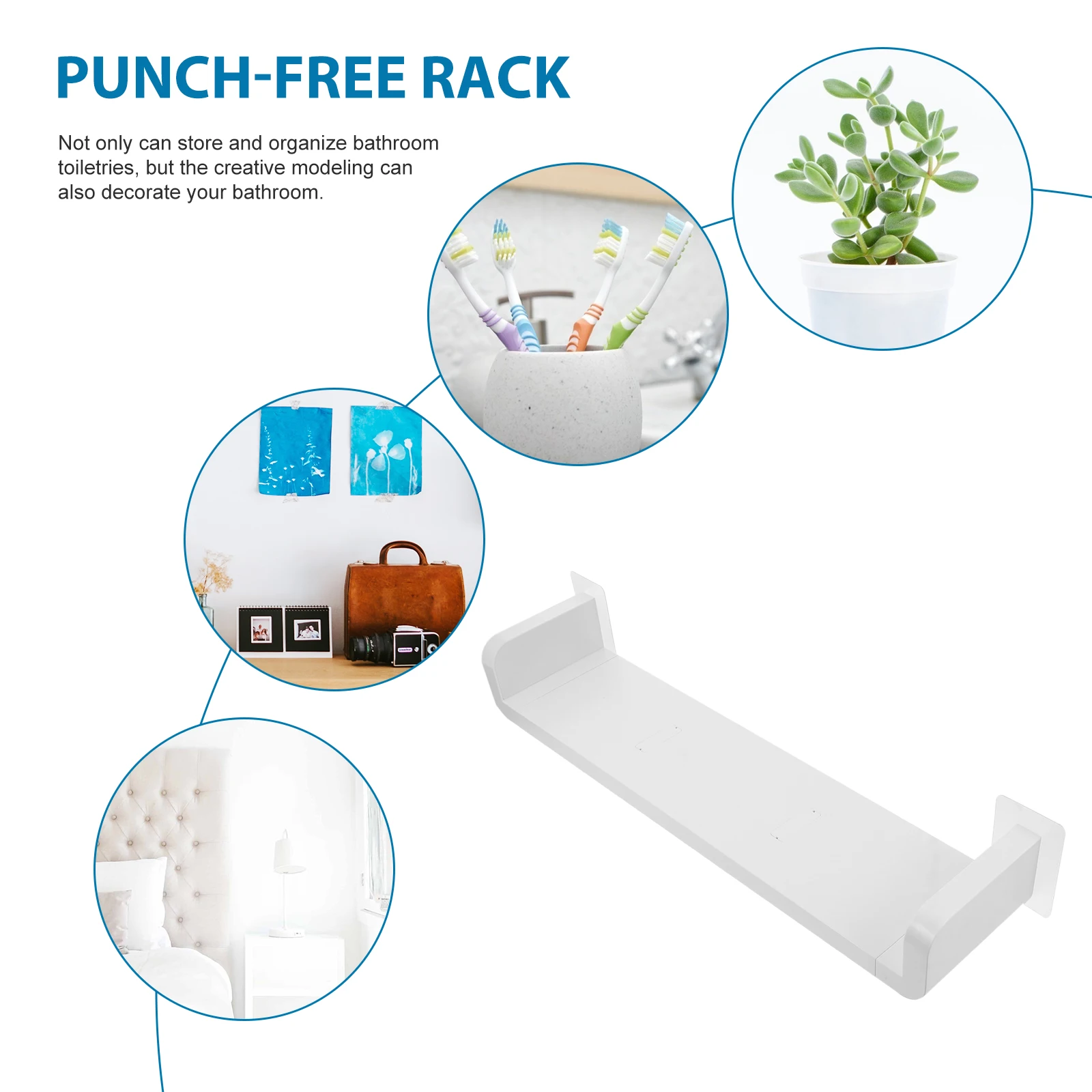 

Waterproof Wall Mount Storage Rack Plastic Shelf No Drill Easy Install Decorative Bathroom Kitchen Home Use for Hotel