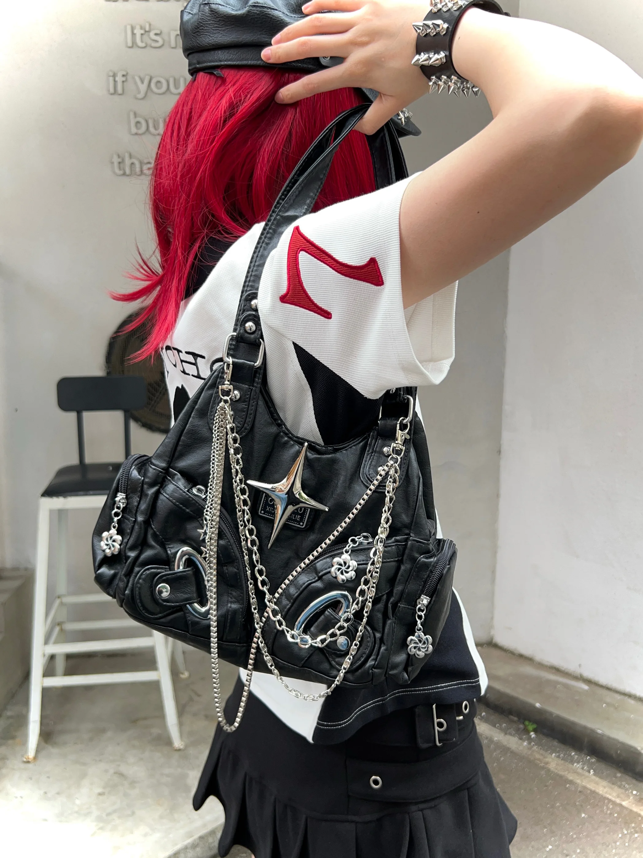 

Оригинальная сумка-тоут ручной работы в стиле ретро, женская сумка в стиле панк Y2k, сумки-мессенджеры Y2k, винтажная сумка