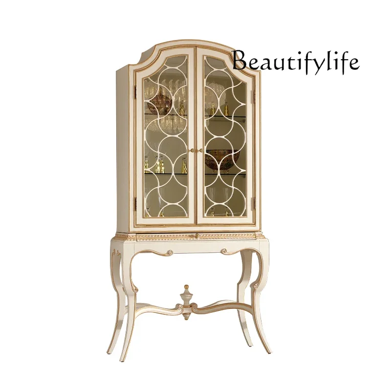 

55French light luxury decorative cabinet solid wood gold foil display cabinet European glass wine flat villa side cabinet