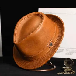 New Man High Quality Genuine Leather Cowhide Formal hat Gentleman Cow Skin Short Brim Black/Brown Top Hat Male Shows Gentleman