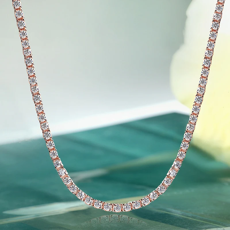 EWYA S925 Silver Plated 18k Rose Gold All Moissanite Tennis Necklace D VVS1 2/2.5/3/4/5mm Pass Diamond Test Neck Chain Woman Man