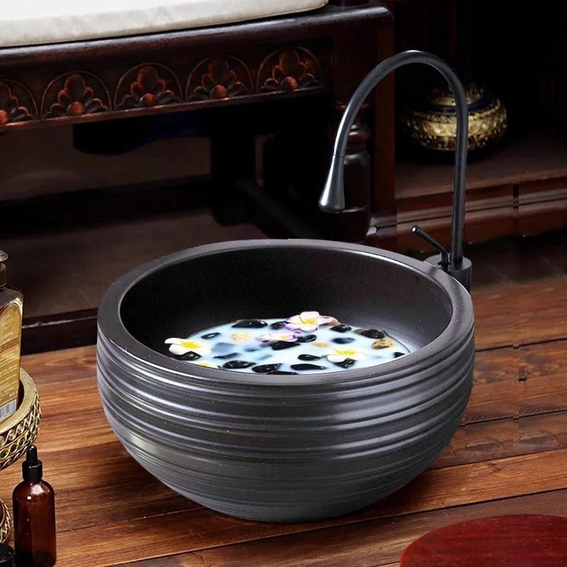 Foot Bath Deepening Black Round Ceramic Foot Bath Tub Home Massage Foot Bath Bucket with Faucet