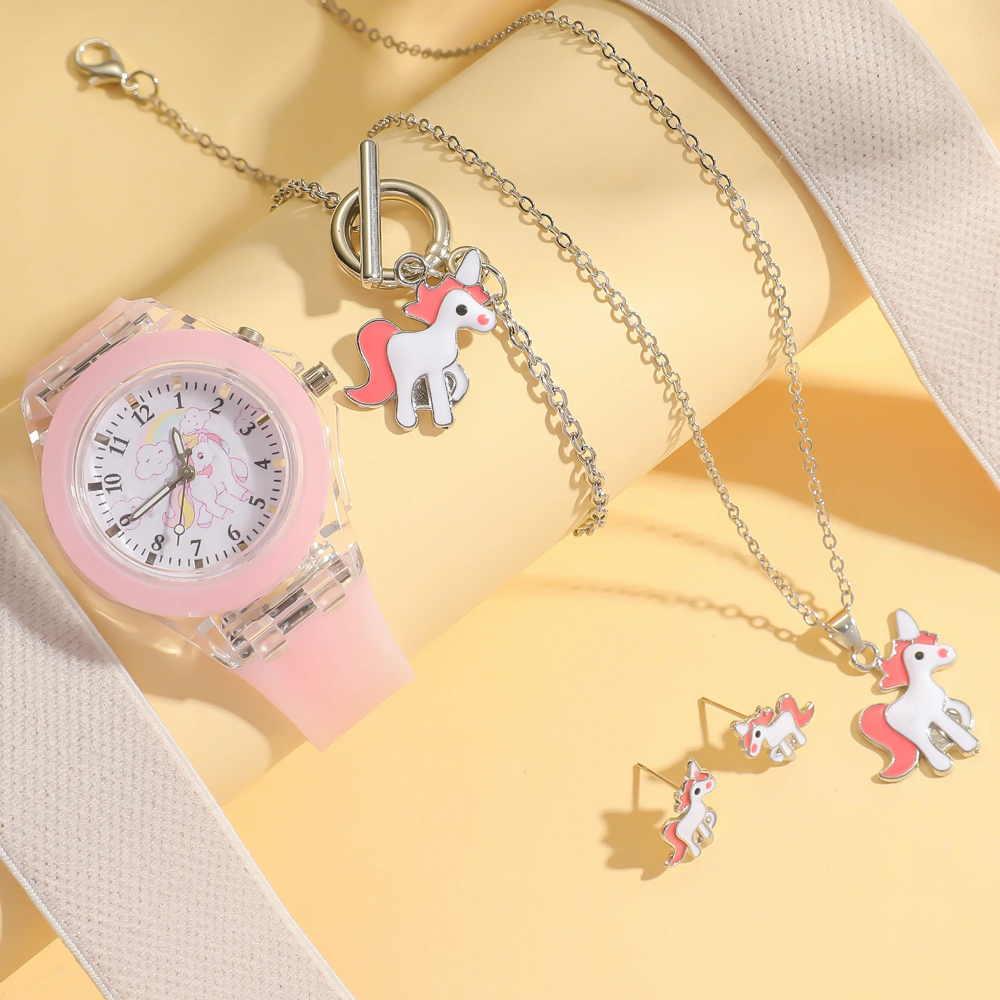 Fashion Exquisite Luminous Unicorn Series Silicone Watch + Unicorn Bracelet Set