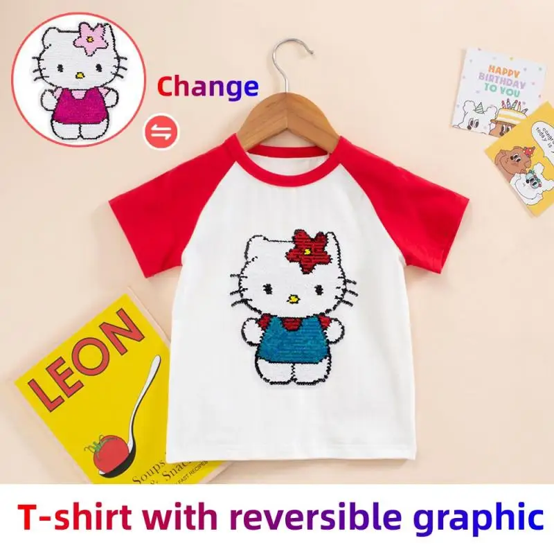 Sanrios Hellokittys Anime Kawaii Summer Kids Cotton Short-Sleeved T-Shirt Clothes Sequin Variable Pattern Girls Half-Sleeved Top