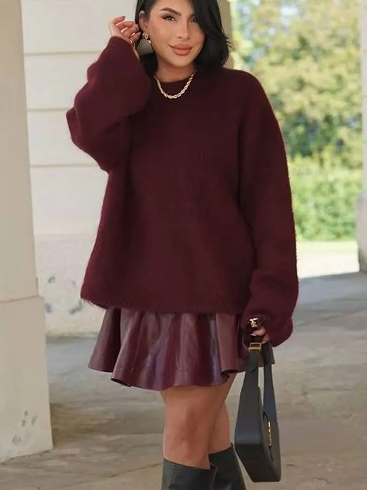 Autumn Women Fashion Burfundy Red Sweater O Neck Long Sleeves Loose Tops Female Chic Elegant Wild Woman Pullover Trendy
