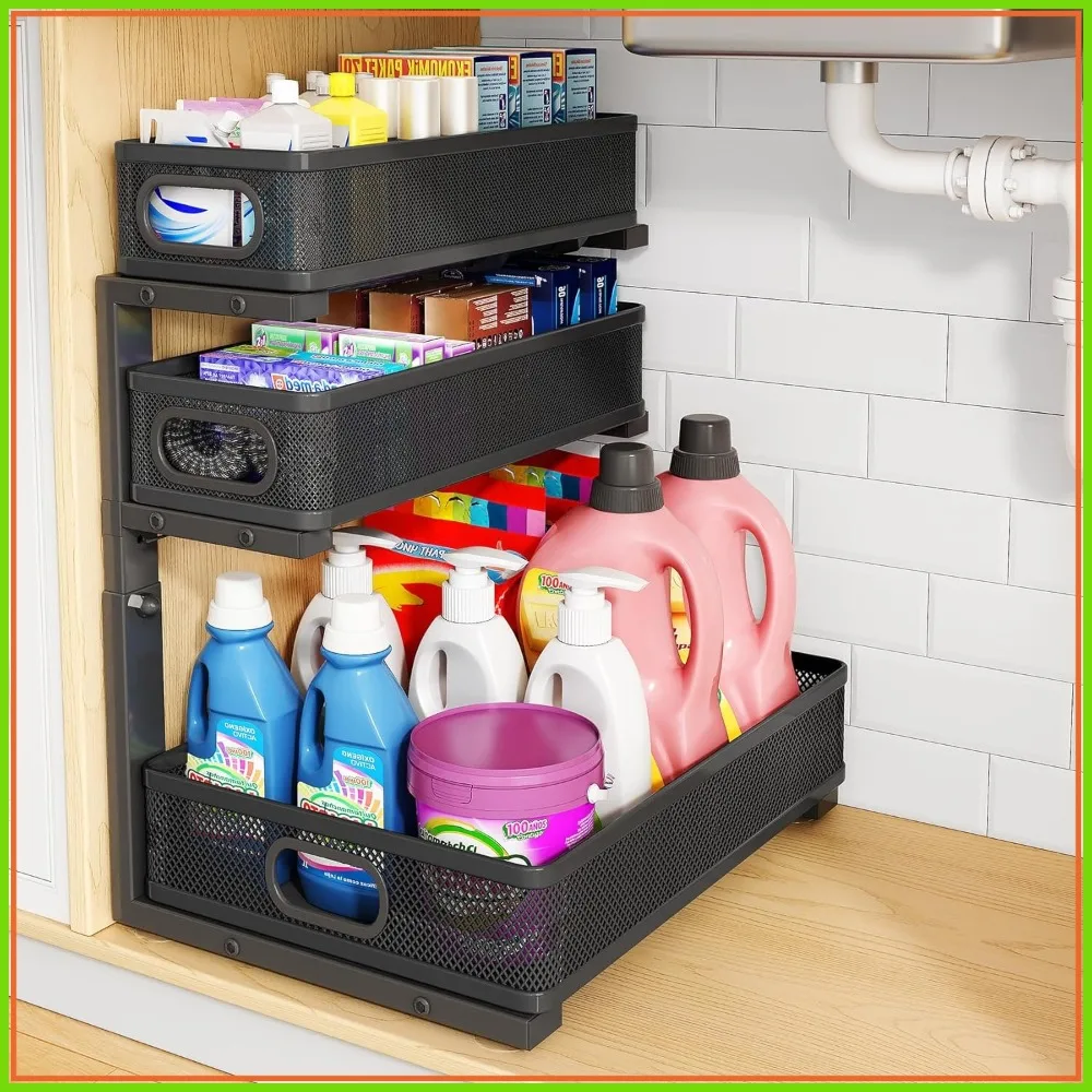 Under Sink Organizer, 3-Tier Pull Out Cabinet Shelf, Height Adjustable Storage Rack for Kitchen Bathroom Pantry Laundry
