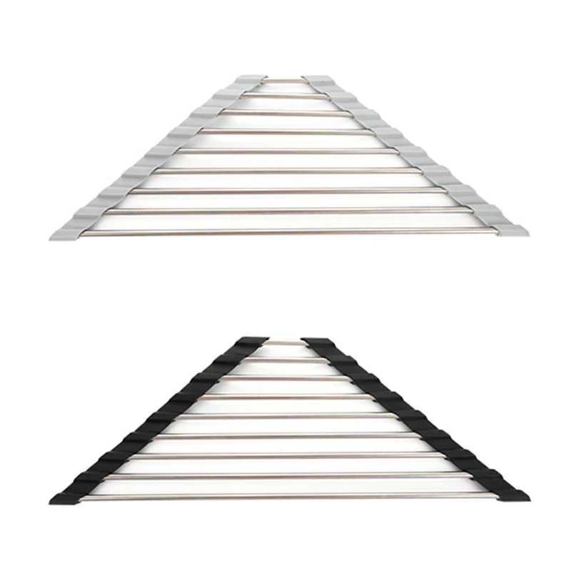 Roll Up Triangle Dish Drying Rack for Sink Corner Over the Sink Caddy Sponge Holder Foldable Stainless Steel Drainer