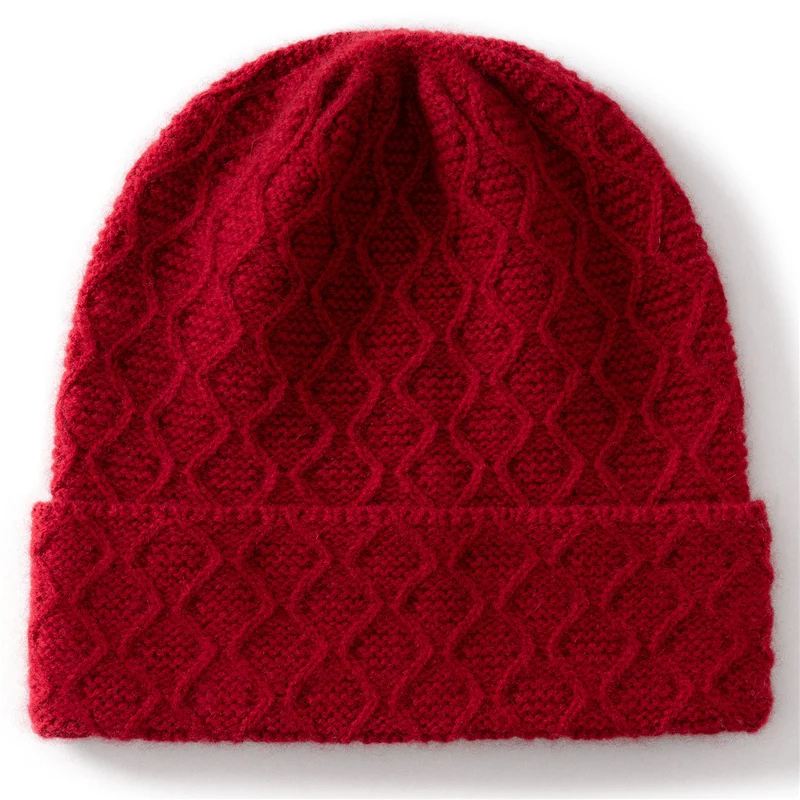 2025 خريف شتاء جديد 100% الكشمير محبوك قبعة موجة نمط تنوعا بلون مريح دافئ سدادات حماية الأذن قبعة