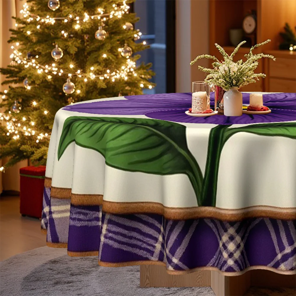 1 tablecloth, Christmas theme, violet flowers and checked print, suitable for family kitchen dining room