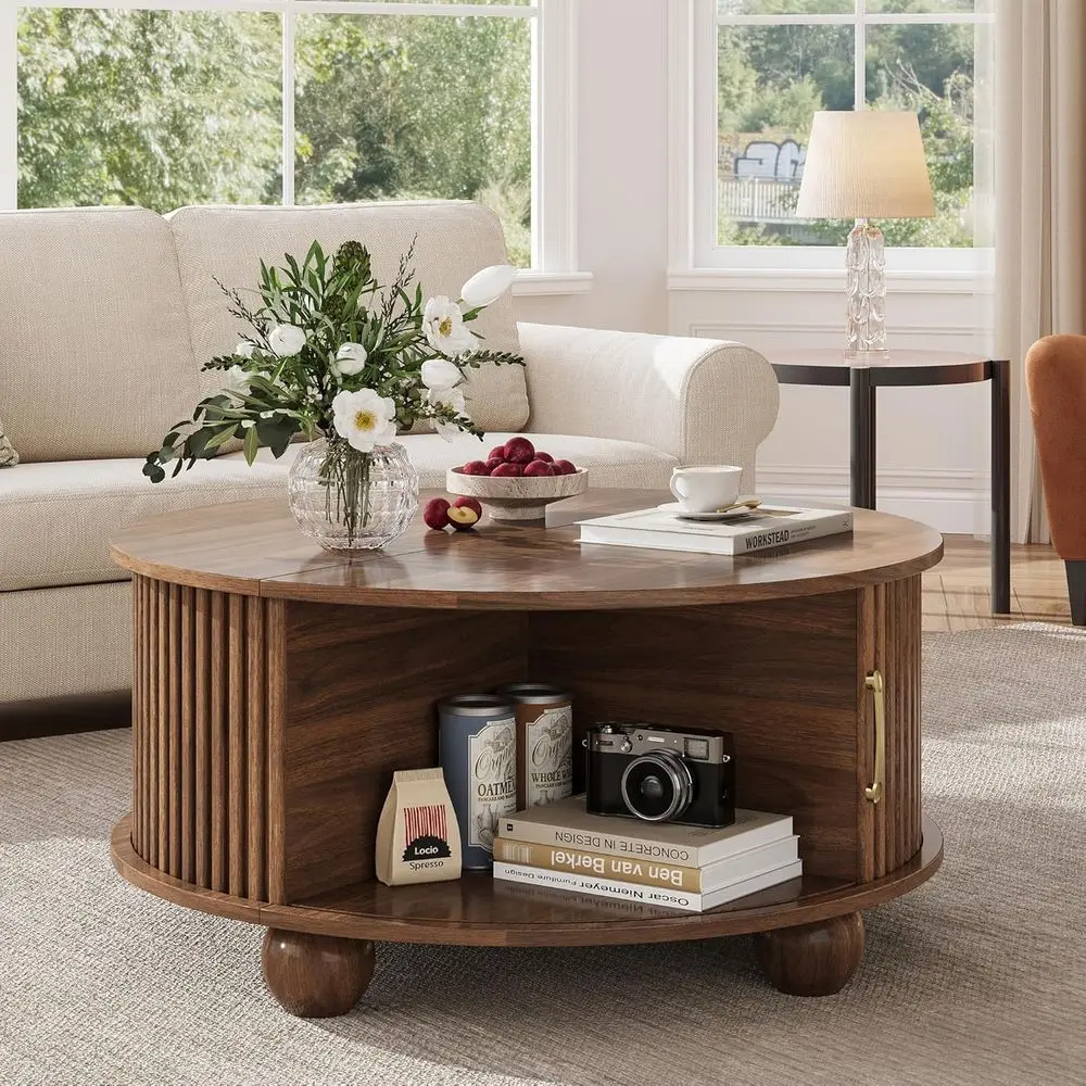 

Mid-Century Modern Coffee Table with Storage, Sliding Door Accent Drum Table, Ideal for Living Rooms and Small Spaces, Walnut Fi