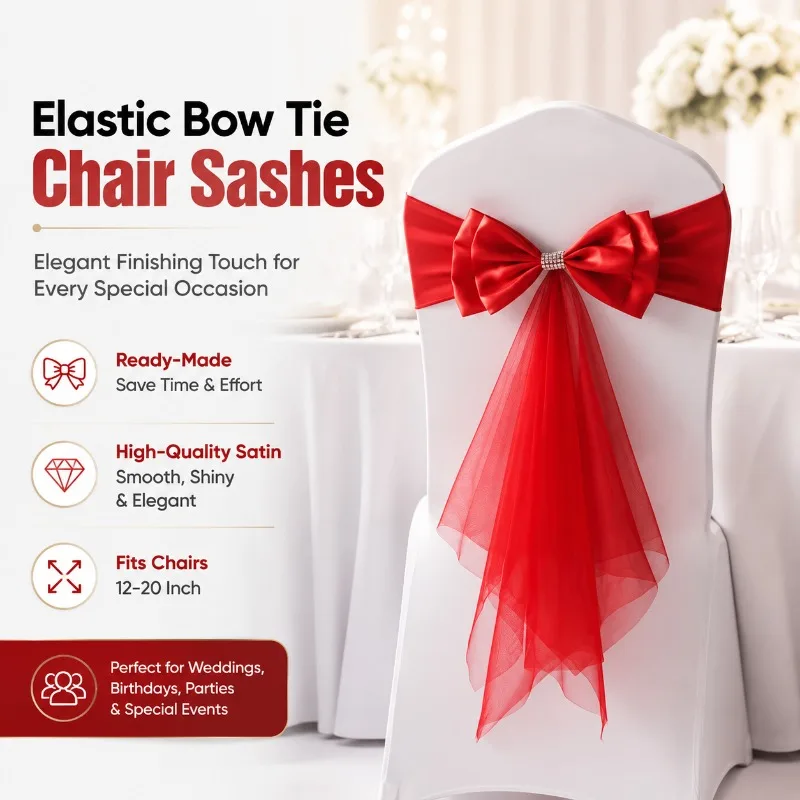 Elastic Bow Tie Chair Sashes, Ready-Made Spandex Sashes for Wedding Birthday Party, High-Quality Satin, Fits Chairs 12-20 Inch