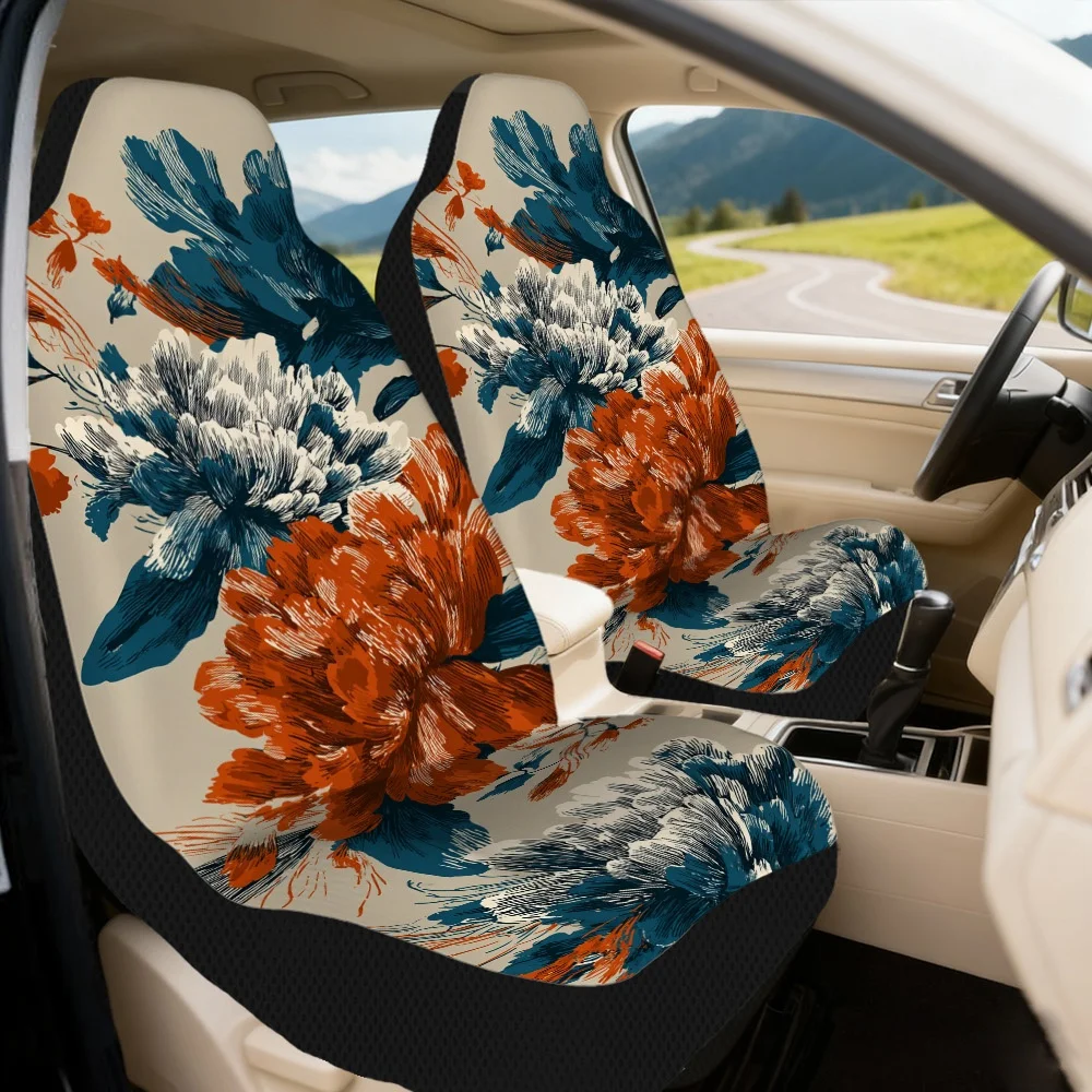 2pcs Vintage Blue Orange Peonies Pattern Car Seat Covers Universal Fit Front Seat Protector With Non-Slip Backing Breathable Com