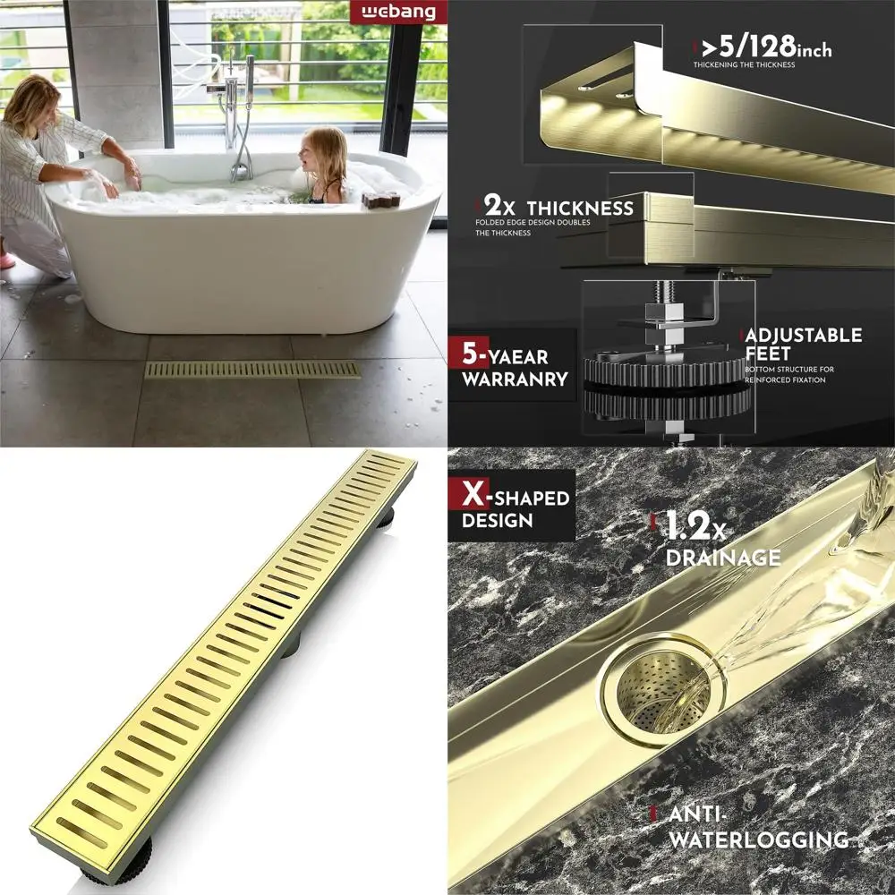 

24 Rectangular Linear Shower Drain with Capsule Pattern Cover in Brushed Gold, Removable Grate, SUS304 Stainless Steel, CUPC Cer