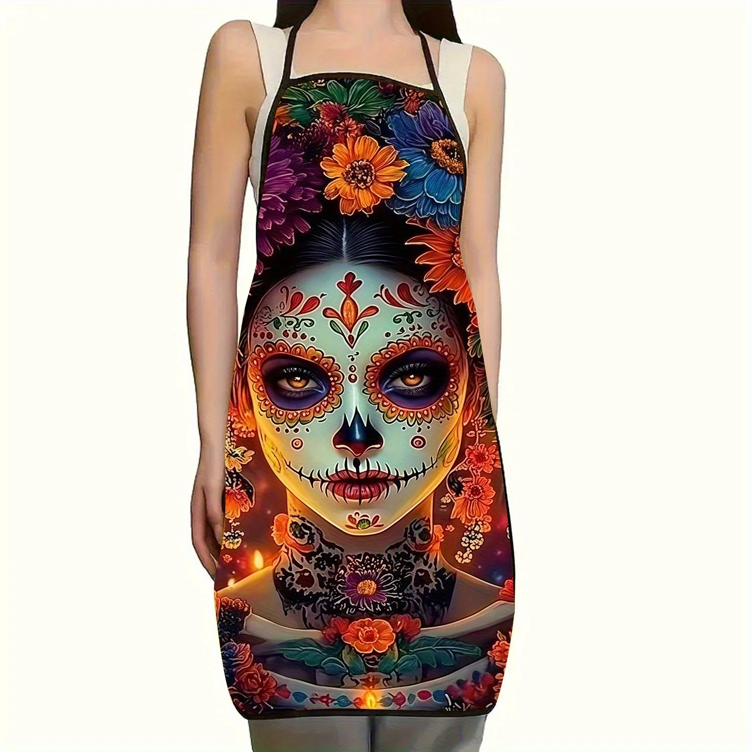 1pc Día de los Muertos Apron Black Red Floral Skull Print with Marigolds Butterflies, Durable Polyester Kitchen Apron