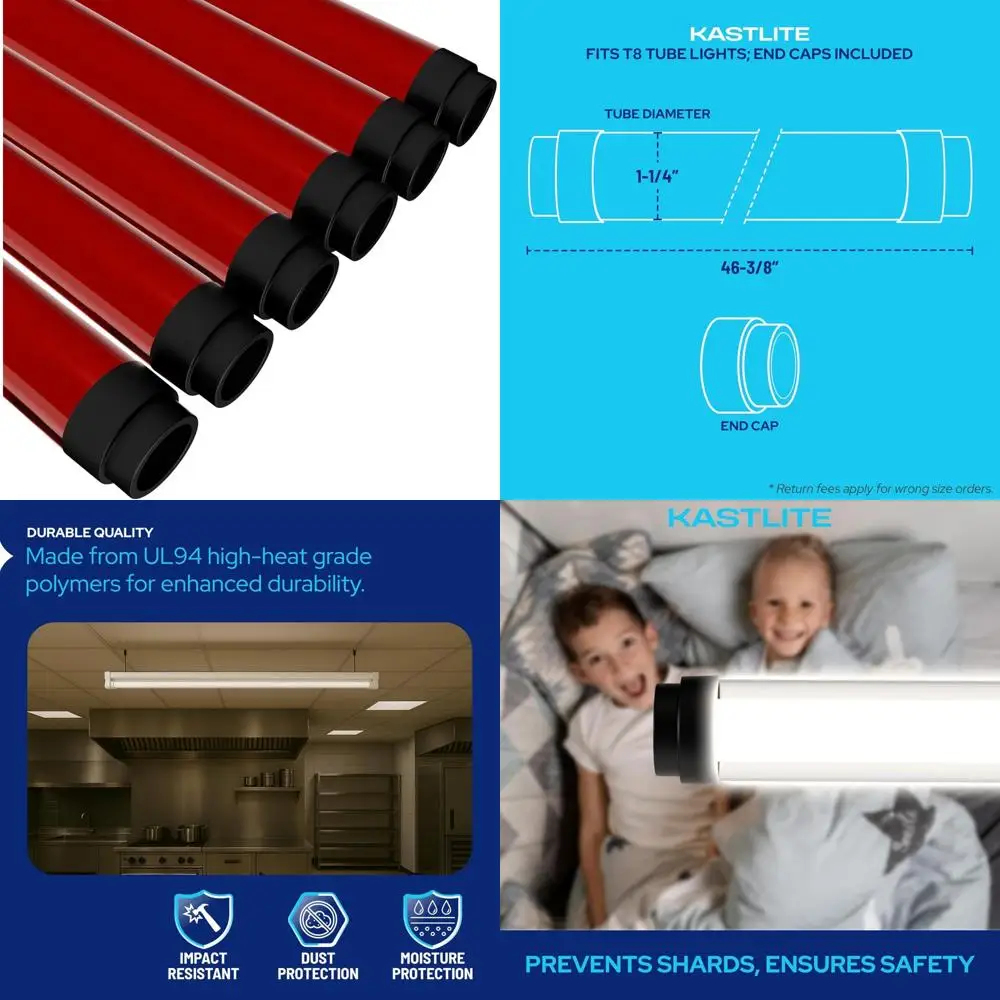 LED/Fluorescent Tube Guard with End Caps - 46-3/8 Lamp Diffuser and Safety Sleeves, Red Protective Plastic for Enhanced Safety