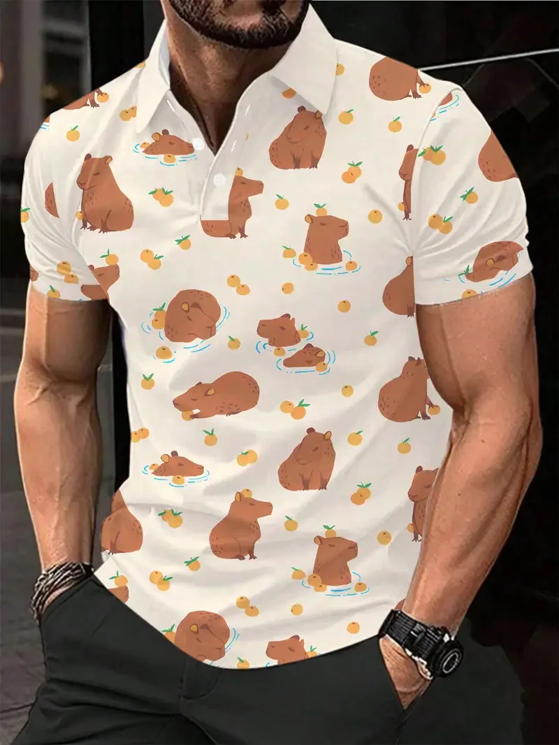 Christmas Theme Short Sleeve Polo Shirts For Men Fashion Creative Animal Graphic Button Lapel Top Loose Casual Comfortable Shirt