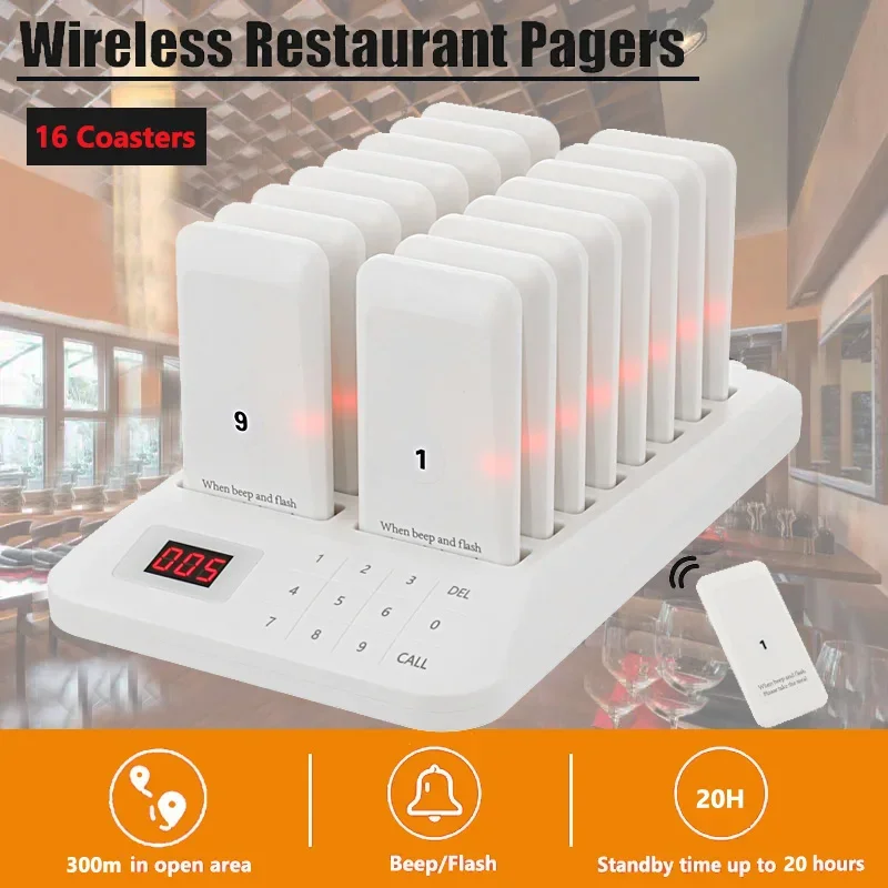 Restaurant Pagers Wireless Calling System 16 Coaster Buzzer Beeper Receiver Queuing For Food Truck Milk Tea Bar Coffee Fast Food