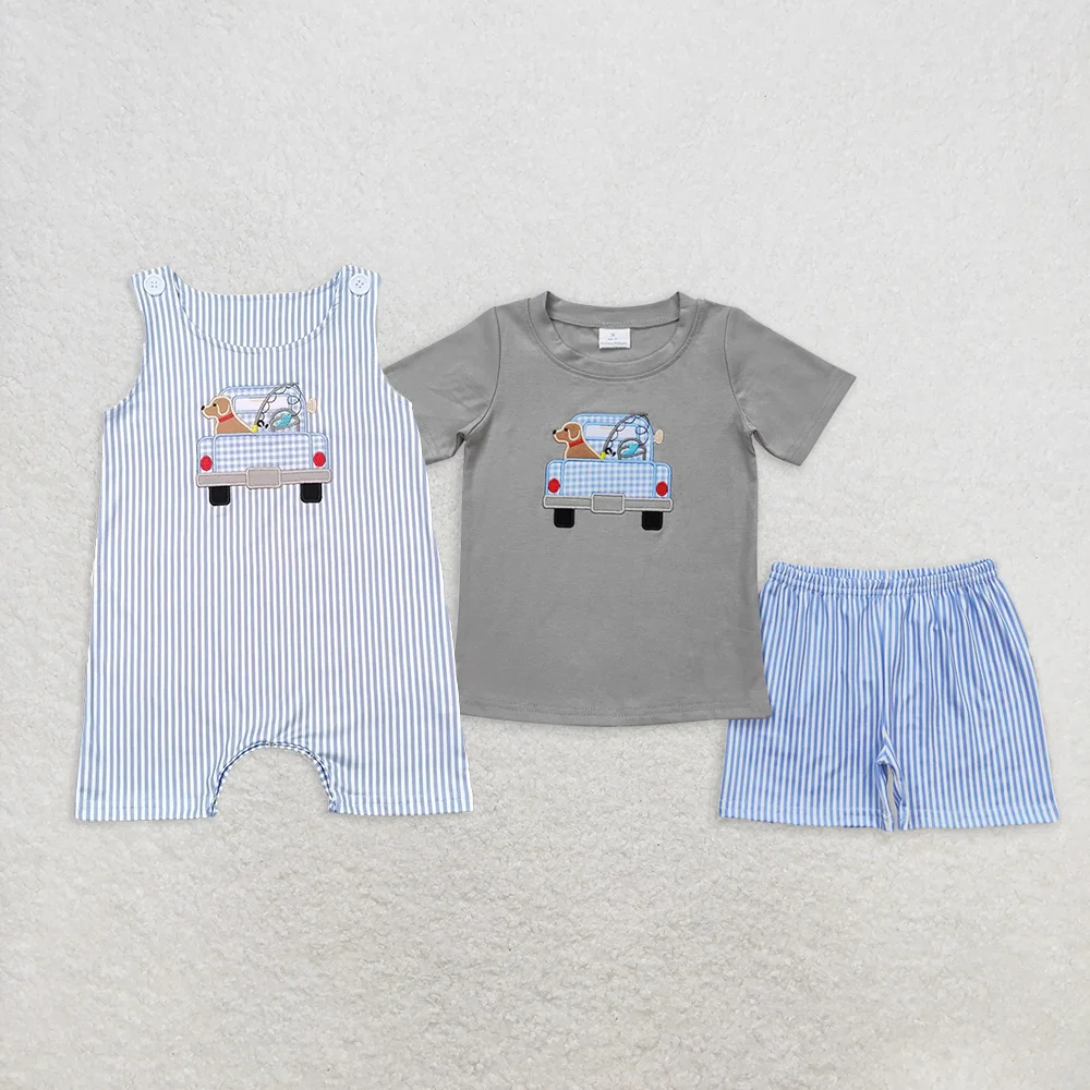 

BSSO0664 Wholesale baby boy clothes Embroidered gray short-sleeved blue striped shorts suit Summer boys clothes sets