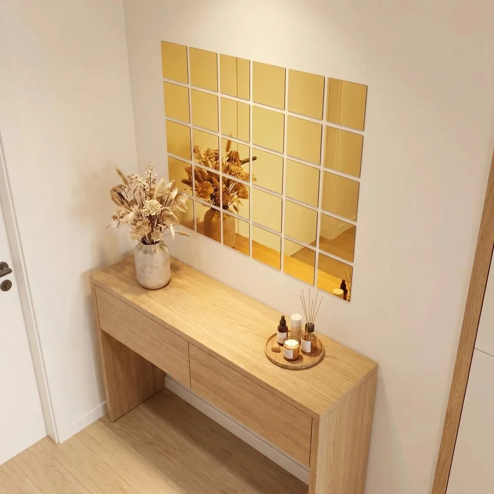 20pcs 10cm Golden Square Acrylic Mirror Self-adhesive Wall Sticker DIY Decorative Background for Living Room, Bedroom, Sofa
