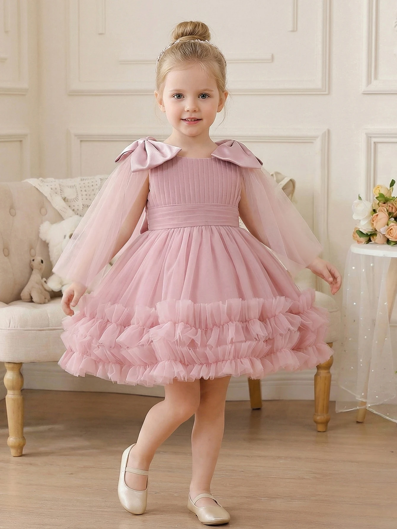 Young Girl Net Fabric Pieced Shoulder Decorated with Bow-shaped Embellishments Ruffled Floral Hem Party Dress with Puff Skirt