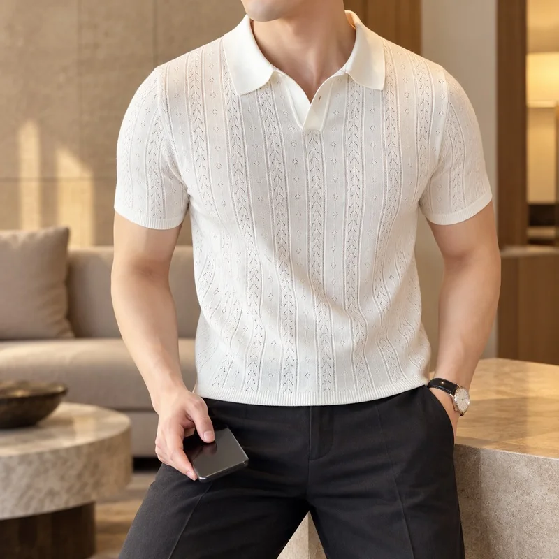 Men's Jacquard Knit Polo Shirt Short Sleeve Open V Neck Textured Striped Summer Smart Casual Top for Office and Everyday Wear