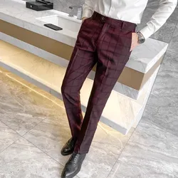 Brand Men's Stripe Plaid Casual Pants Men Four Seasons High Quality Business Trousers Men's Light Gray Straight Pant