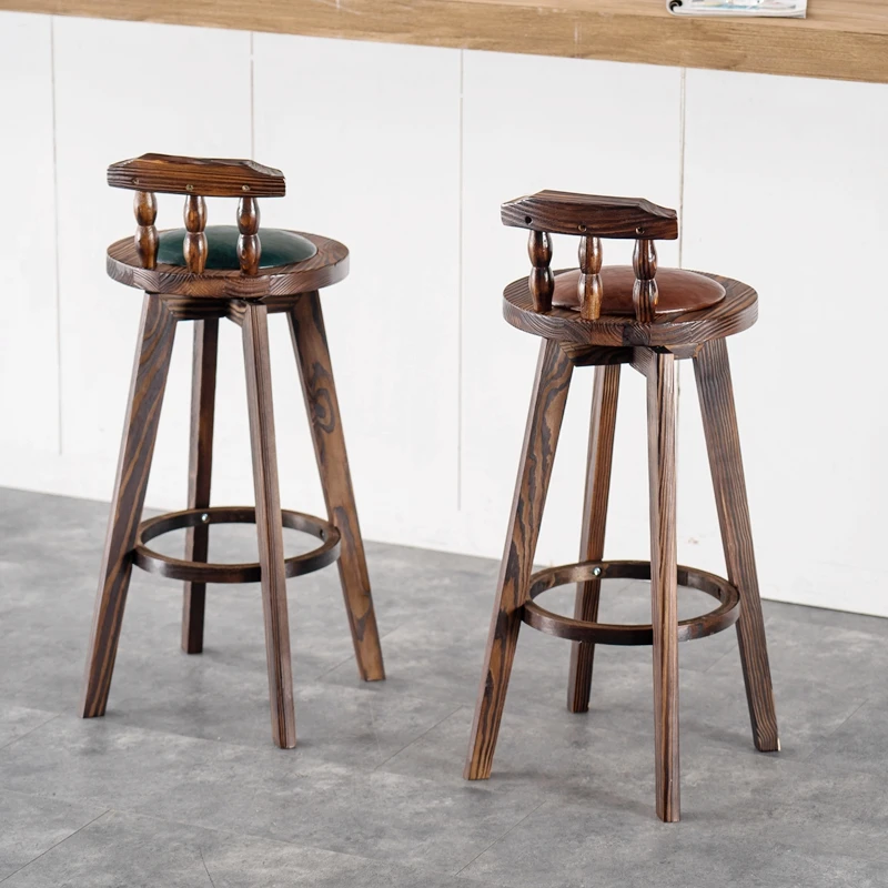 Solid Wood Vintage Barstool, New Chinese-Style Swivel Seat for Home Bar or Café, European Antique High Stool