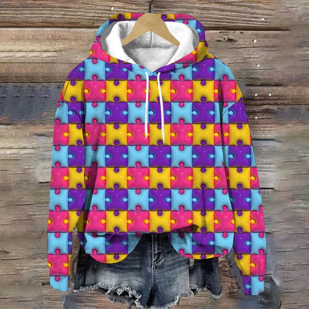 Funny Jigsaw Puzzle Pattern No Pockets Designer Women's Pullover Hoodie Fall Fashion Y2K Clothes Casual Loose Women's Sweatshirt