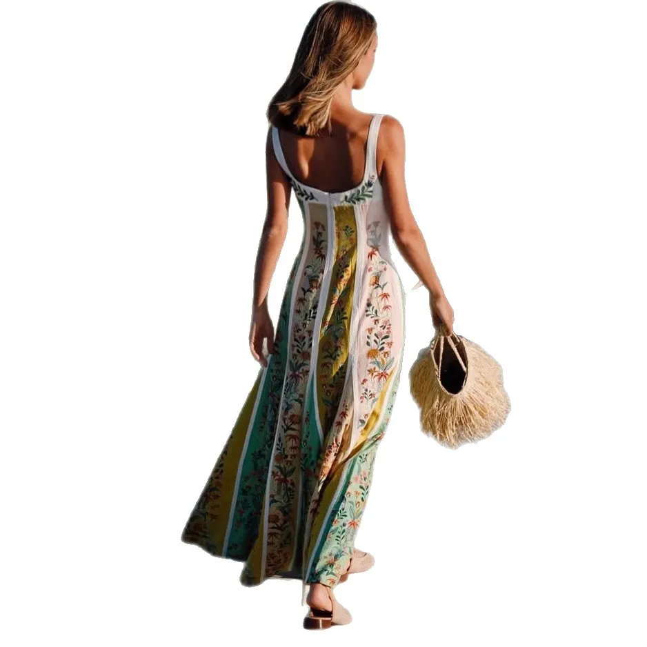 European and American spring and summer new camisole positioning linen print dress elegant and loose vacation dress