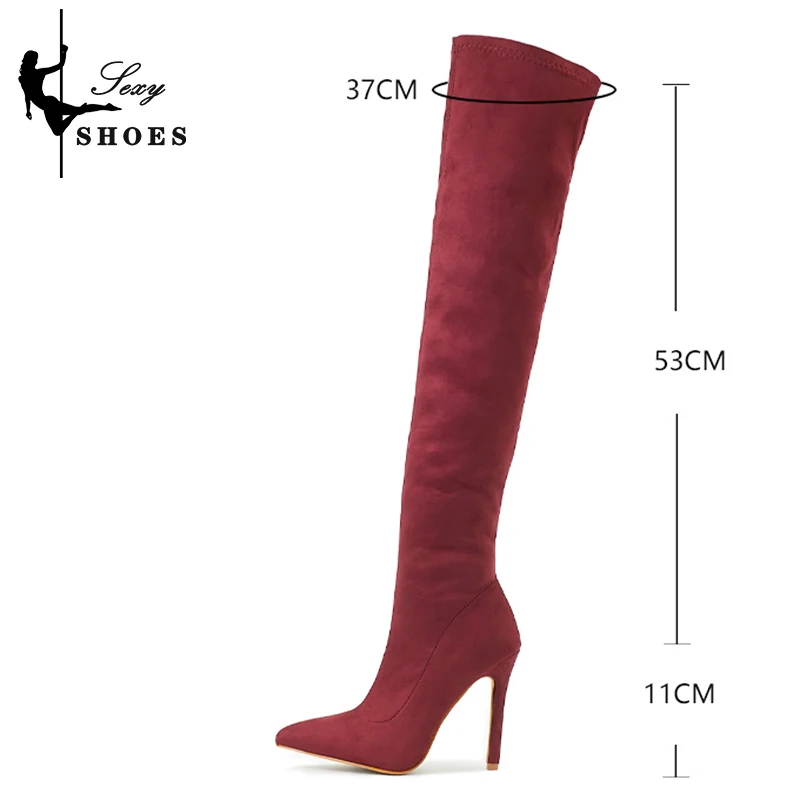 2023 Women\'s over-the-knee Boots Fashion Pointed Toe Autumn Winter Flock Thigh High Stretch Long Booties Wine Red Stiletto Heels