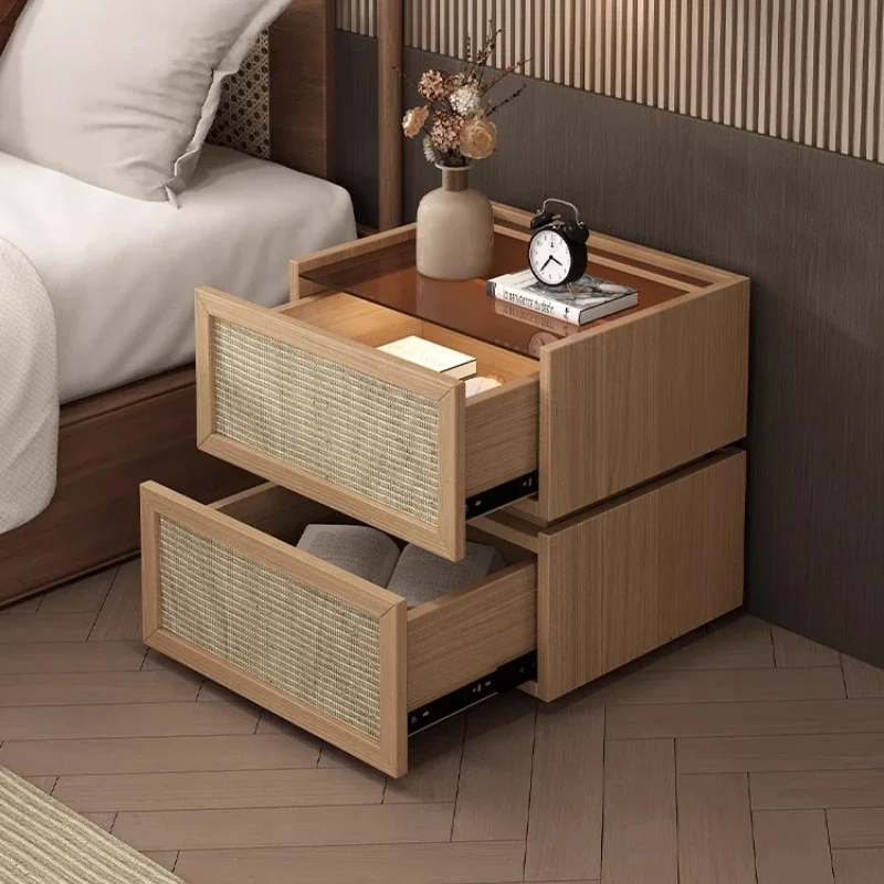 #￥Home Furniture Solid Wood Bedside Table Rattan Cloth Nordic Living Room Modern Storage Space Saving Organizer Luxury