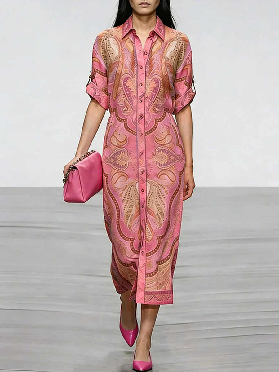 French Vintage Floral Midi Dress - Damen-Midikleid mit Paisley-Print, Hemdkragen, hochgekrempelten kurzen