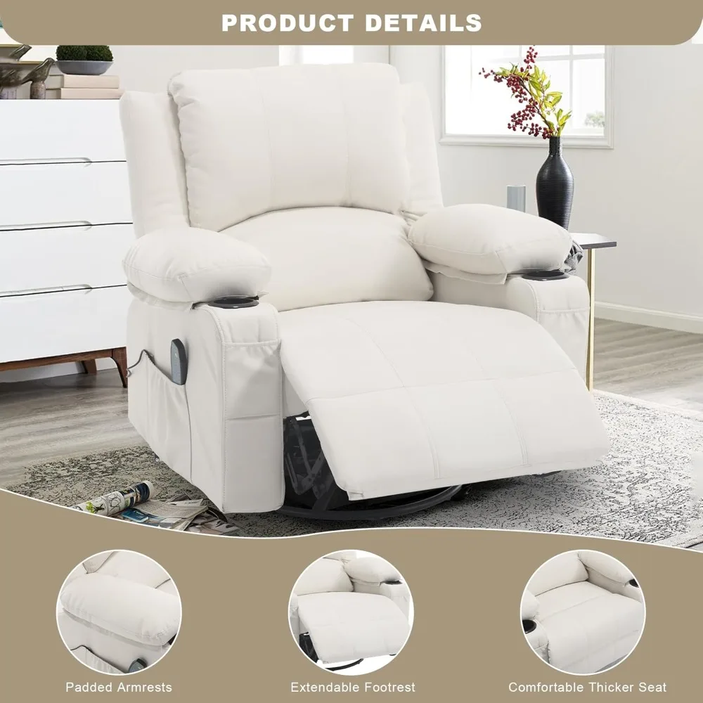 Kursi Pijat Putar Recliner dengan Pemanas Lumbar, Kursi Recliner Kulit PU Tebal untuk Ruang Tamu, Kursi Goyang Tunggal Modern