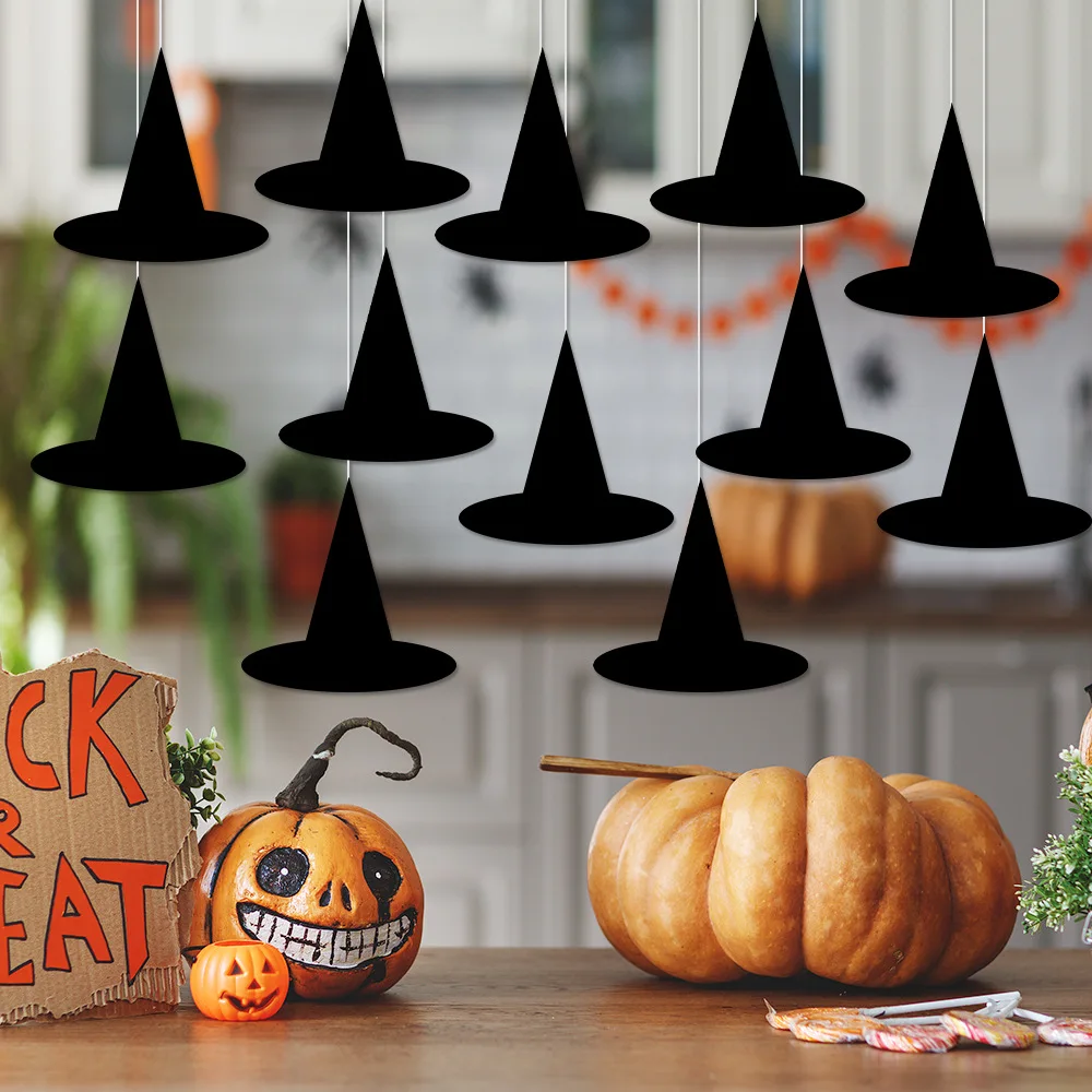 

12PCS Halloween Decoration plane Black Hanging Witch Hat Decor Outdoor Floating Witch Costume Accessories Porch Ceiling Gift