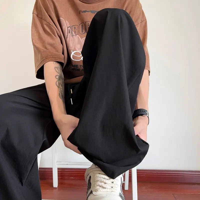 American Style Harajuku Summer Casual Pants Men's Ice Silk Thin Elastic Waist Pockets Drawstring Fashion Loose Wide Leg Trousers