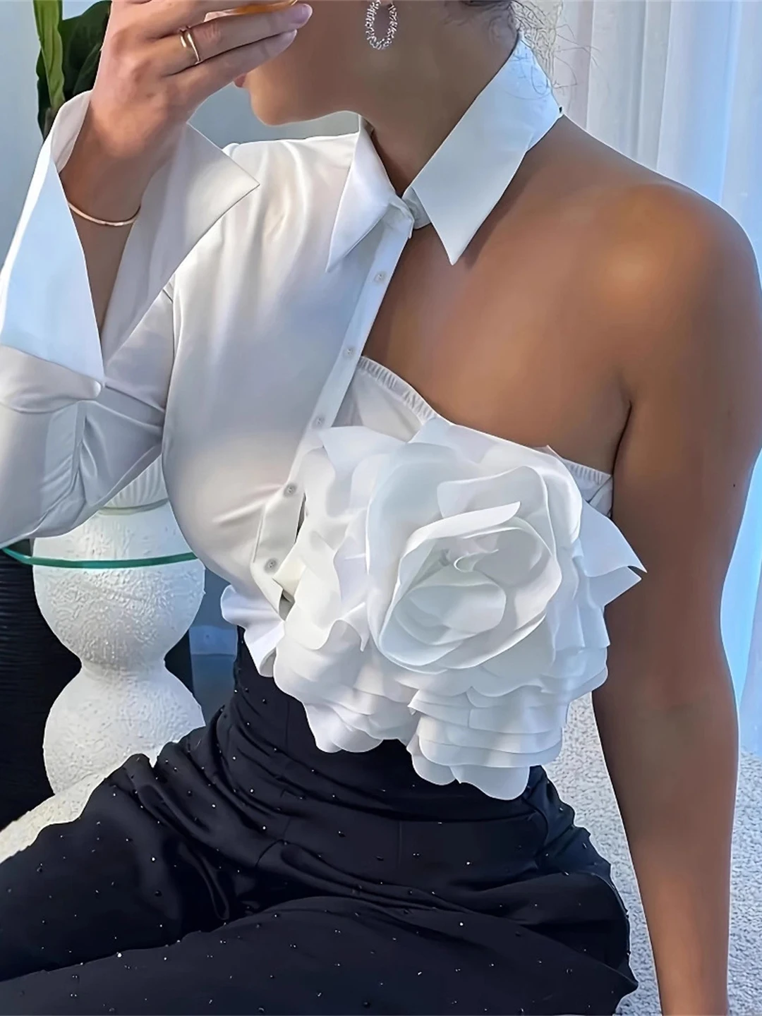 

Модная женская блузка с цветочным принтом, приталенная, на одно плечо, с длинным рукавом, повседневная, для весны и лета