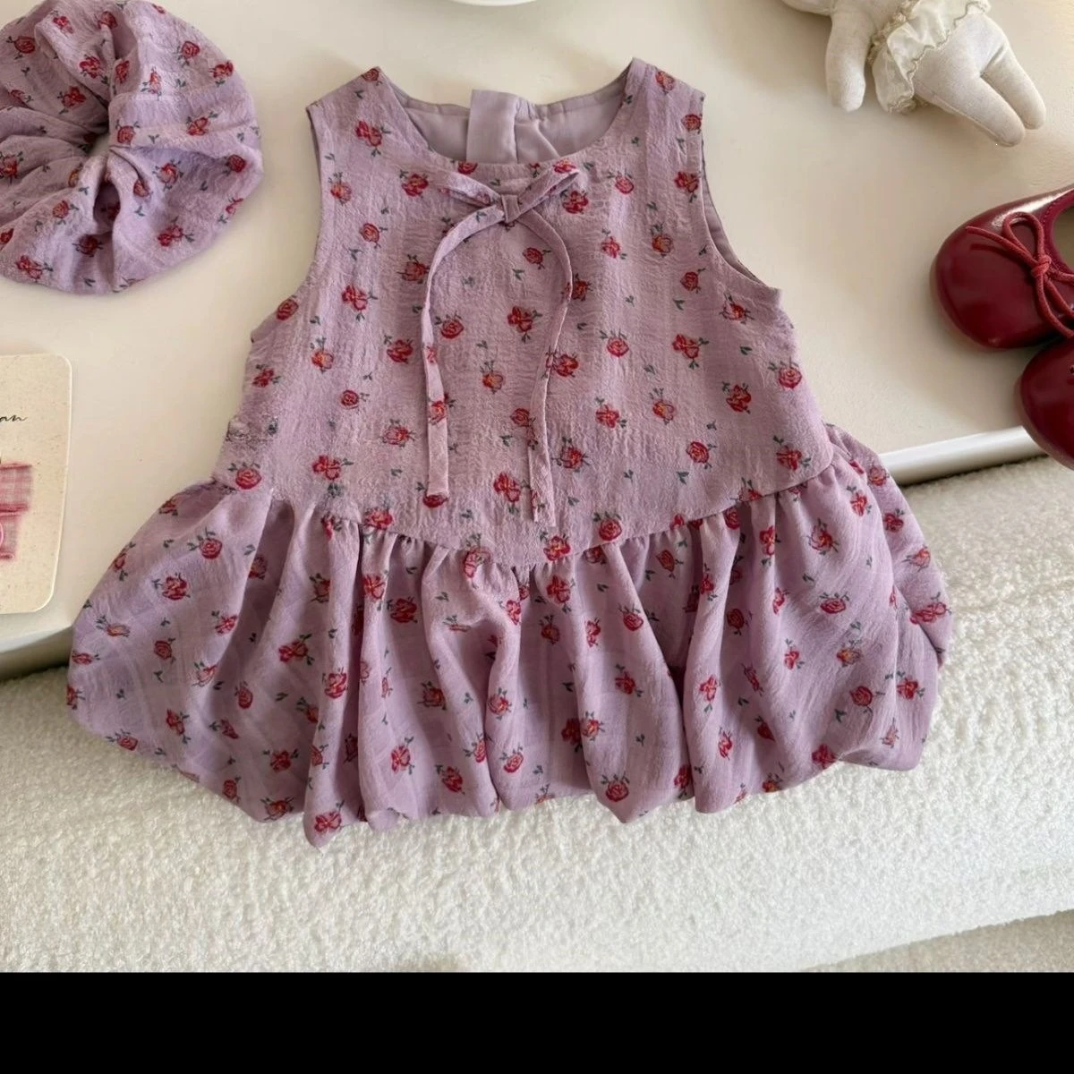 Korean Version Summer New Purple Elegant Round Neck Sleeveless Butterfly Knot Floral Dress for Girls Aged 2-6 Daily Wear