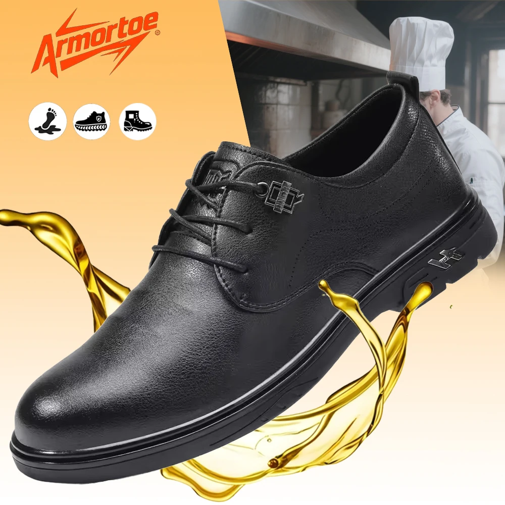 

ArmorToe Non-slip Chef Shoes Leather Shoes Model Lightweight Comfortable Waterproof Oilproof Safety Shoes #Armor5012