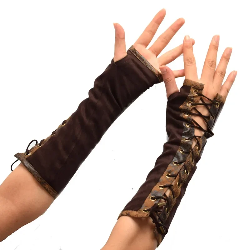 Steampunk Gloves Lolita Gothic Women Elbow Length Half-Finger Gloves Ties Up Dance Party Fingerless Mittens Costume Accessories