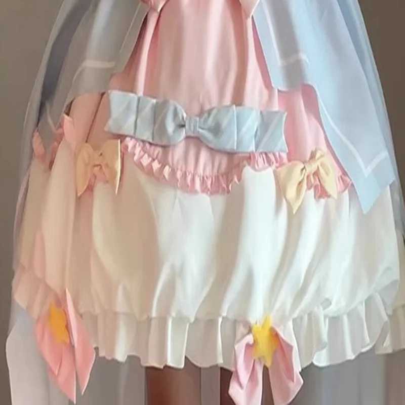Süße Lolita-Kleider, niedliche Kawaii-Schleife, Cartoon-Druck, Patchwork, schmales Ballkleid-Kleid, Mini-Sommerkleid, sexy Cosplay-Dienstmädchenkleid