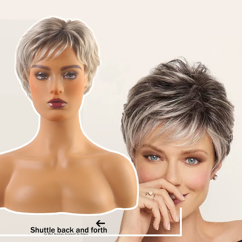 

Women's Fashion Gray-brown Mixed Color Short Hair Natural Wig Fluffy Bangs Full Head Wig Hot Sale Wig