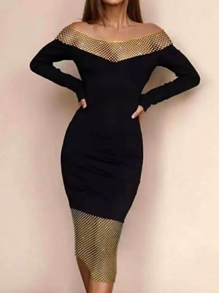 

Женское платье с открытыми плечами, черное Бандажное платье средней длины с длинным рукавом и стразами в стиле пэчворк, официальное вечернее платье