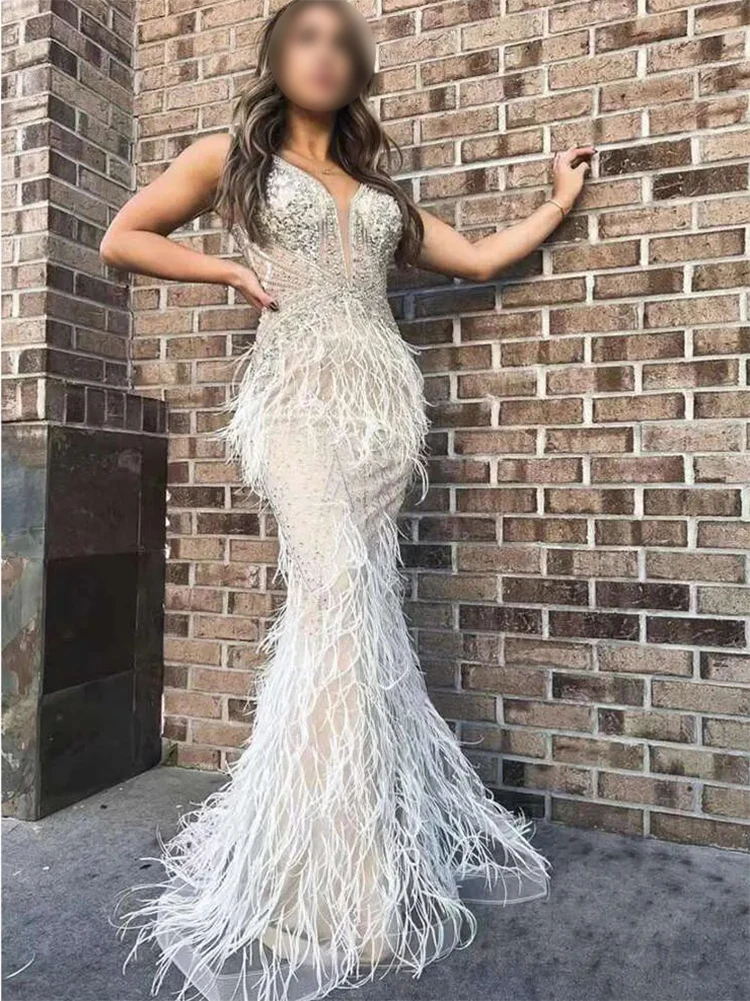 Silvery Evening Dress 2024 For Women White Mermaid Arabic Elegant Sequined Luxury Beaded Formal Party Prom Gowns Custom