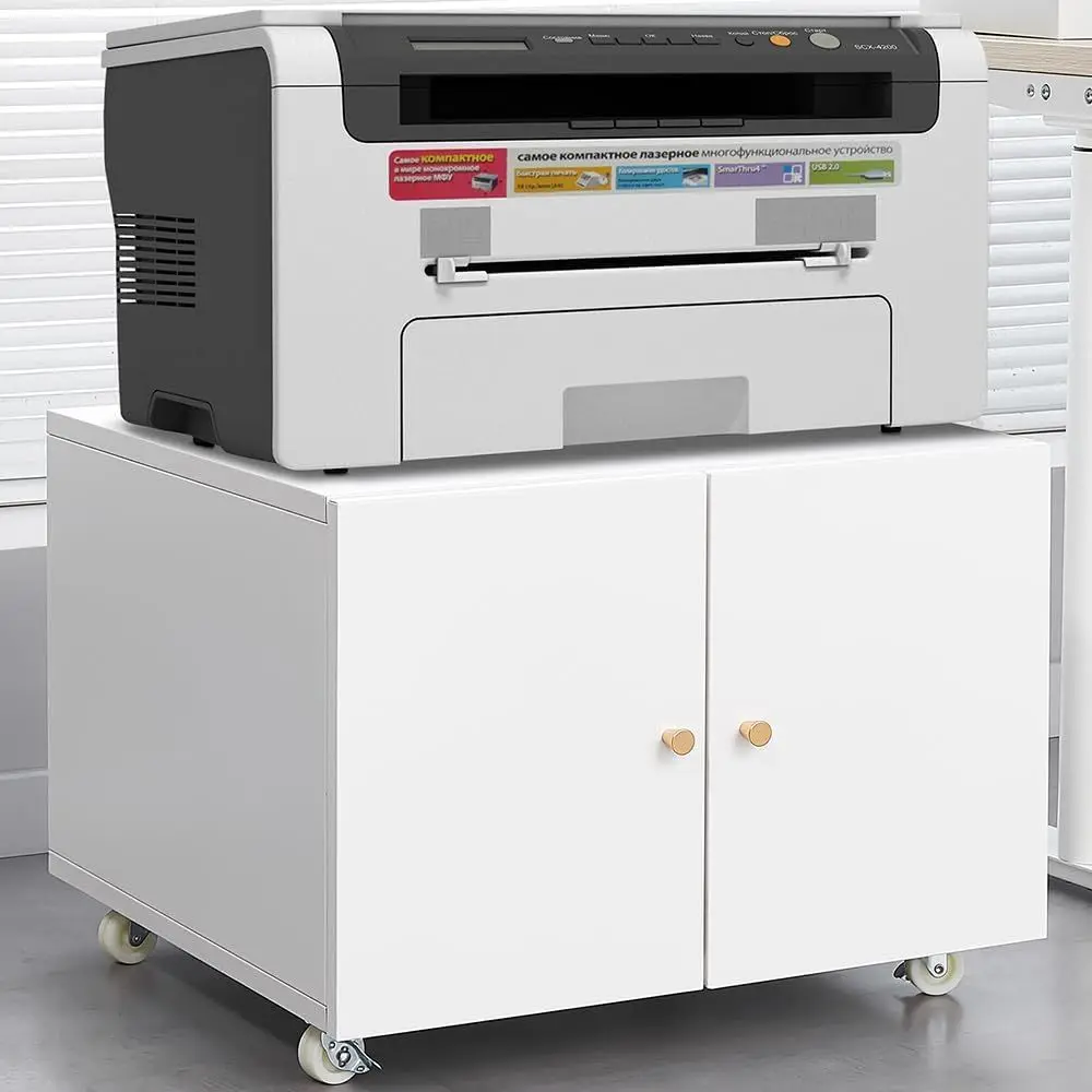 

Modern Metal Office Printer Stand with Door, Adjustable Shelves, and 360° Swivel Casters