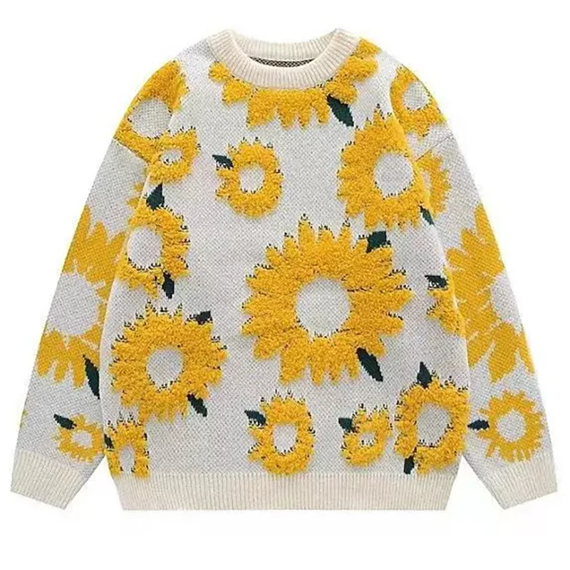 Flocking Floral Sweaters Men Baggy Spring Autumn Japanese Style Retro High Street Harajuku Knitwear Slouchy Ins Knitwear Sweater