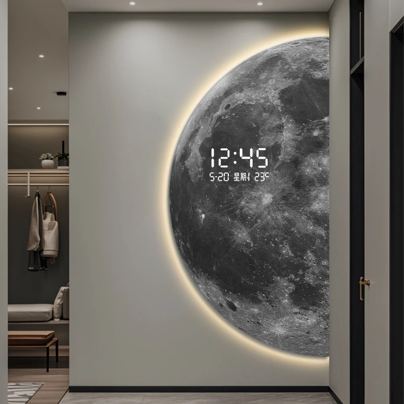 Modern planet entrance decoration painting, sci-fi universe electronic digital clock, bedside warm light painting