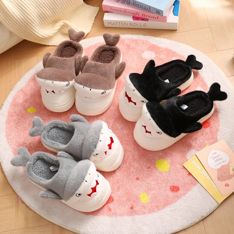 Men Anti-slip Cartoon Shark Winter Slippers Women Home Indoor Cozy House Shoes Unisex Couple Cute Soft Cotton Footwear