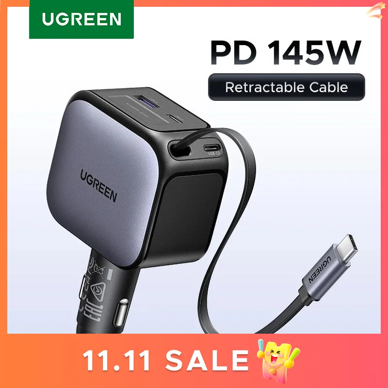 UGREEN 145W 90W 60W Car Charger 3 USB-C & 1 USB-A Ports PD QC4.0 Fast Charging with Retractable Cable for iPhone 17 Pro MacBook